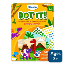 Packaging for 'Dot it!: World of Dinosaurs' sticker art activity for ages 3-7, showing colorful stickers and dinosaur illustrations.