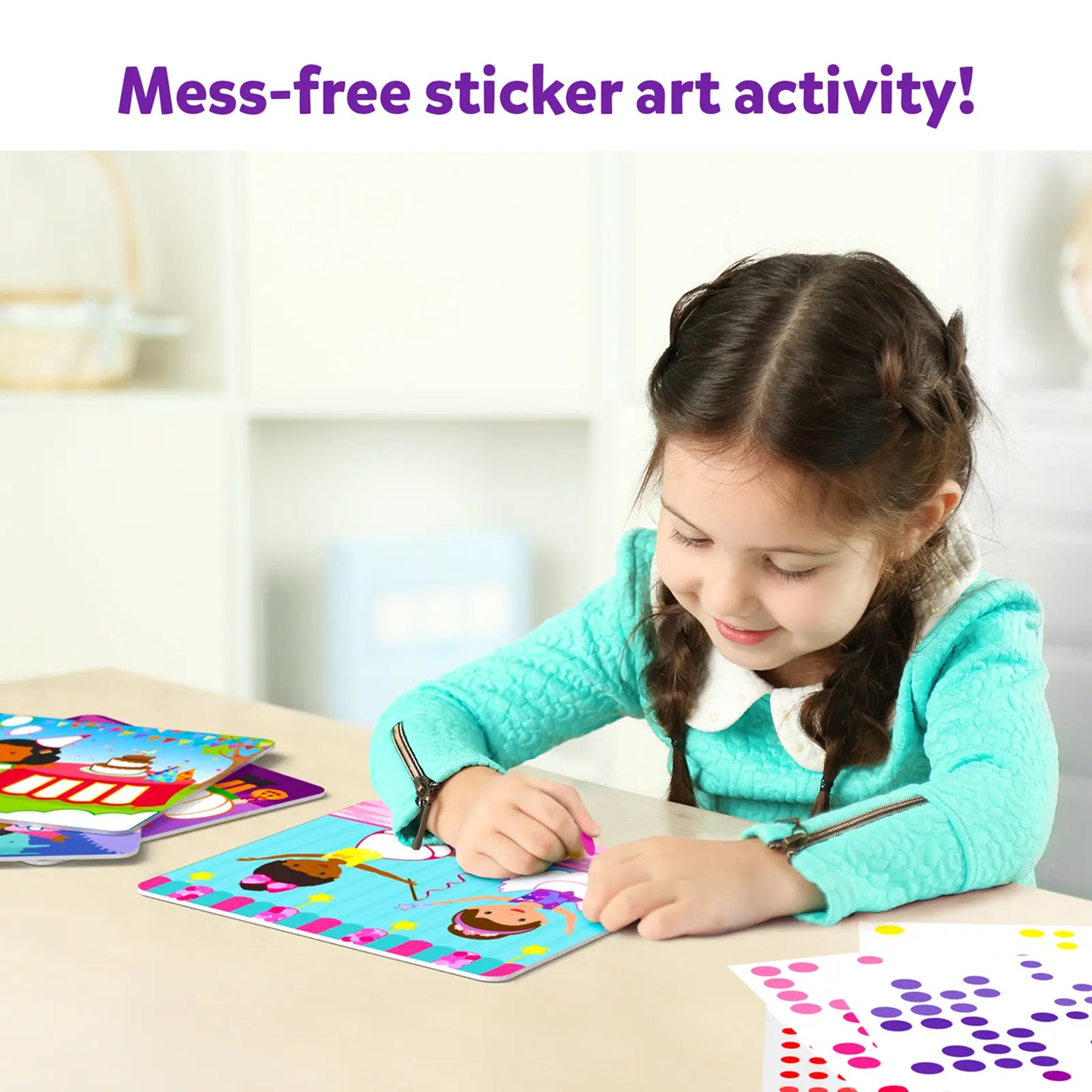 Girl creating colorful sticker art with Dot it Dress Up No Mess Sticker Art for ages 3-7
