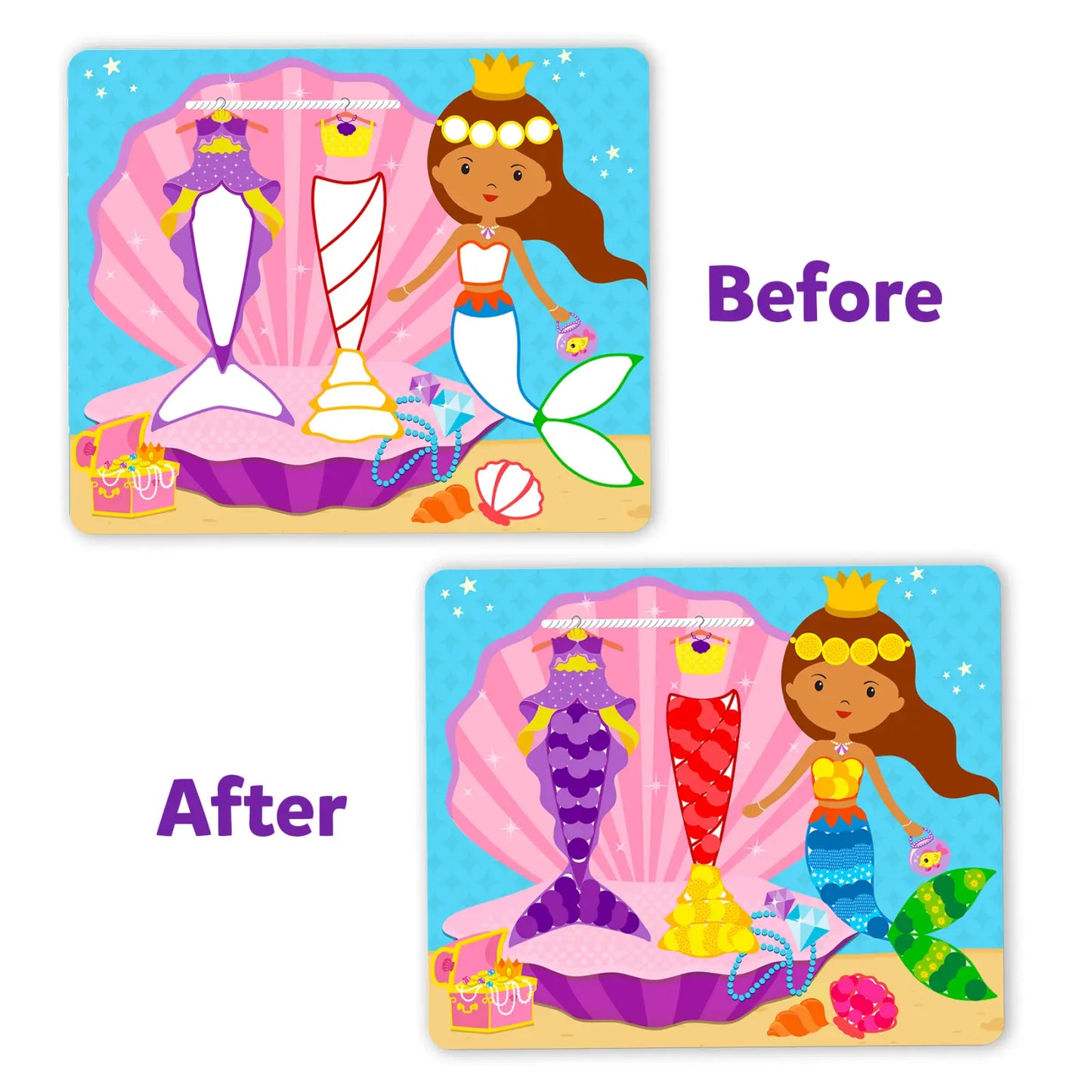 Mermaid-themed coloring activity for kids from Dot it Dress Up No Mess Sticker Art