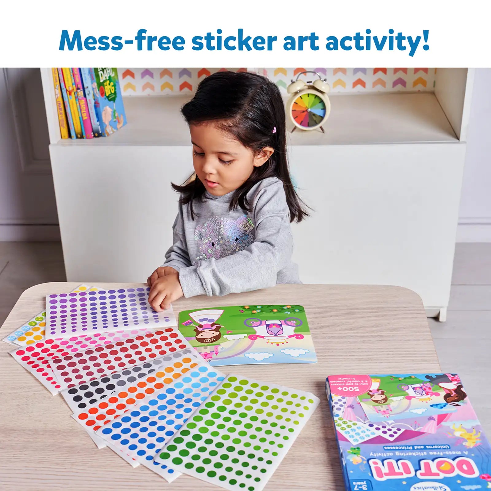 Colorful sticker art activity set for kids featuring unicorns and princess designs