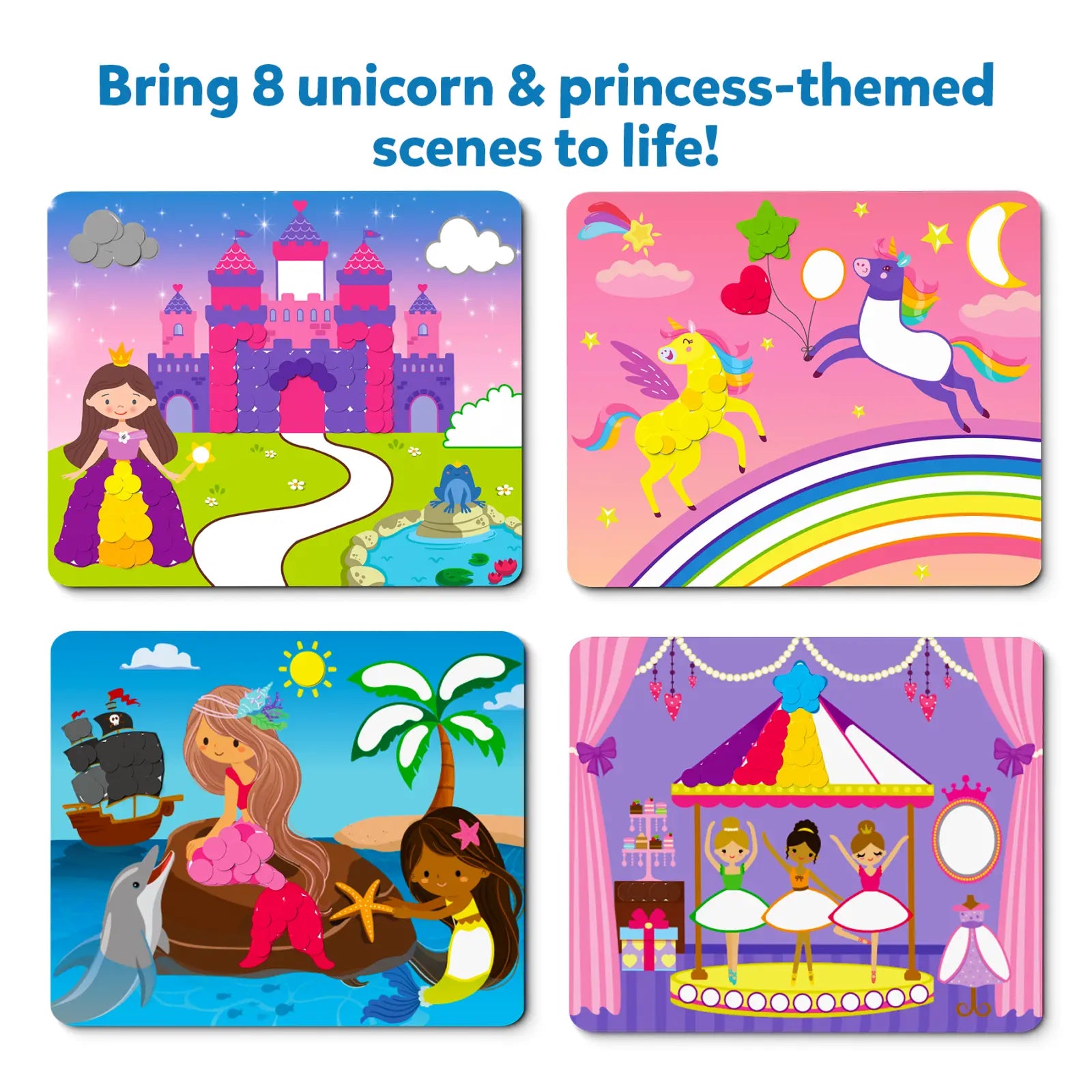 Unicorn and princess-themed scenes from Dot it! No mess sticker art for ages 3-7