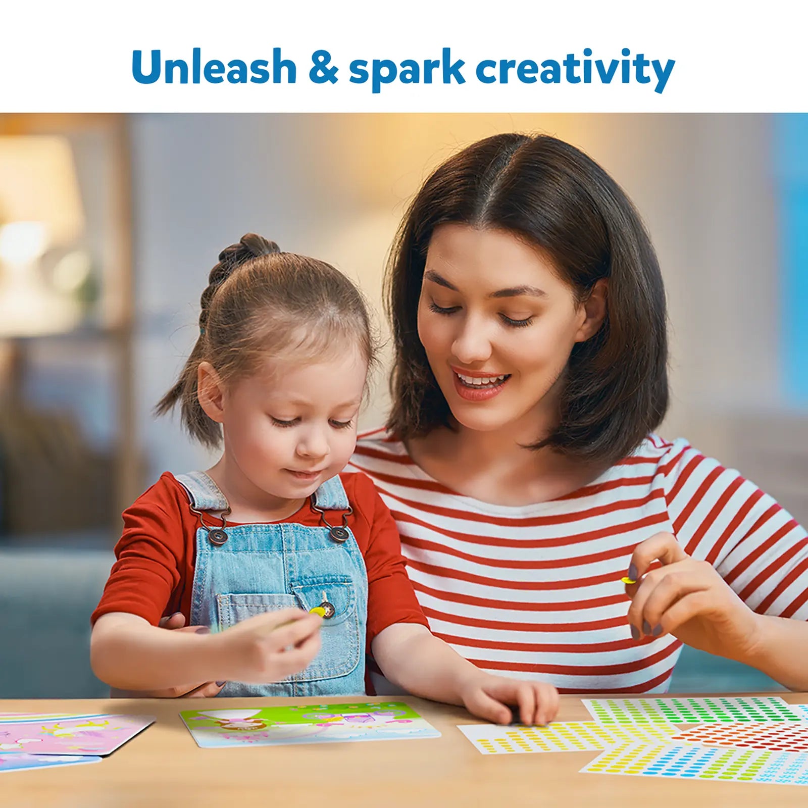 Mother and daughter crafting with stickers from Dot it Unicorns and Princesses set