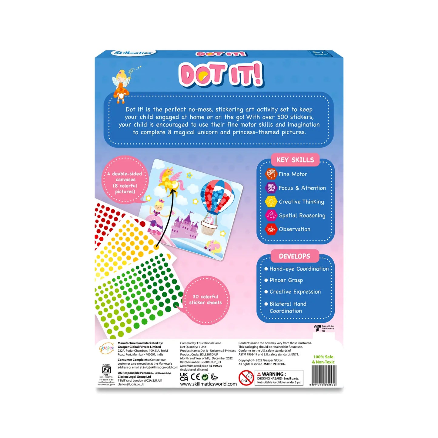 Back of the Skillmatics "Dot It!" sticker activity kit box. The packaging features colorful graphics of dot sticker sheets, double-sided canvases with unicorn and princess themes, and an explanation of the product. It highlights key skills developed such as fine motor skills, focus, creative thinking, spatial reasoning, and observation. It also mentions development benefits like hand-eye coordination and creative expression. Text indicates the kit includes 8 colorful pictures and 30 sticker sheets, and is s
