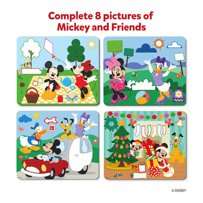 Kids playing with Dot it Mickey and Friends puzzle set featuring Mickey Mouse and friends