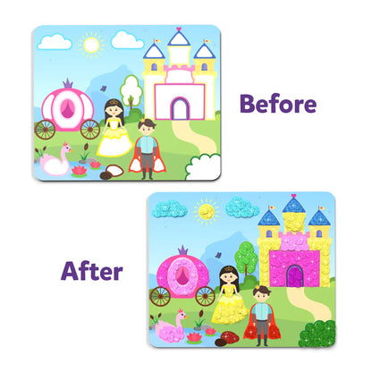 Before and after of a unicorn and princess craft project using Dot it Sparkle Edition stickers
