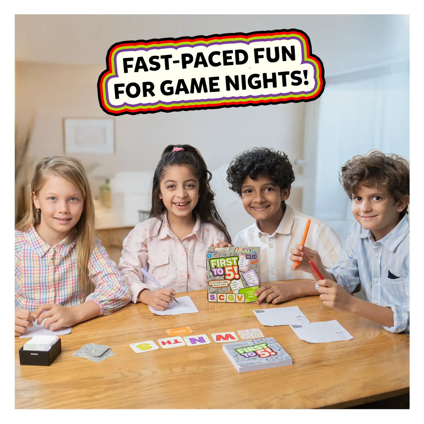 Children playing First to 5 board game with colorful game pieces and a twist setup