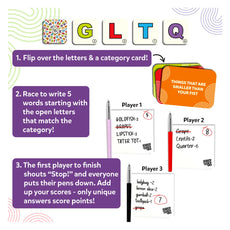 Word game instructions for First to 5 Quick Category Game with a Twist for ages 8+