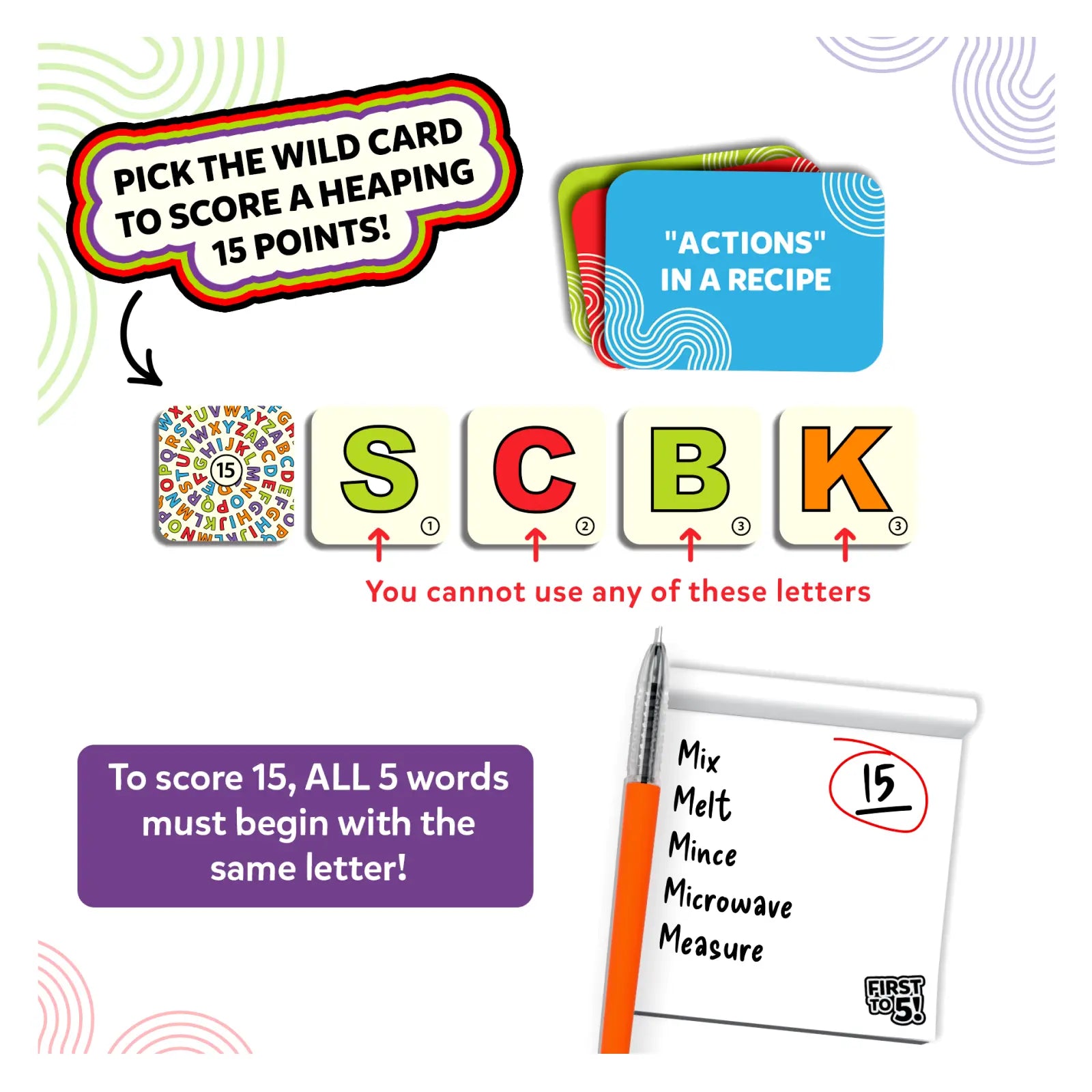 First to 5 game components for quick category game with a twist ages 8+