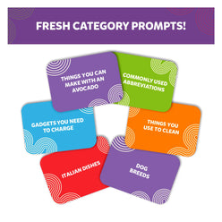 Colorful category prompt cards from First to 5 Quick Category Game with a Twist