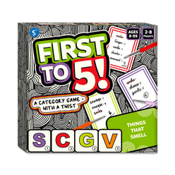First to 5 category game showing players competing in a fast-paced family game