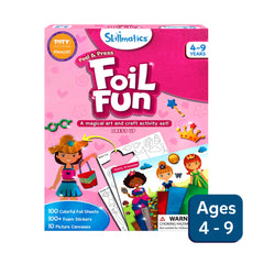 Packaging for 'Foil Fun' art and craft activity kit by Skillmatics, designed for ages 4-9, featuring illustrations of fairies, unicorns, and princesses.