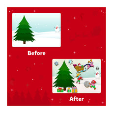 Christmas-themed before-and-after comparison from Foil Fun Holiday Magic No Mess Art Kit
