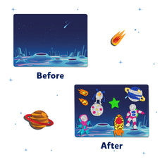 Space-themed before-and-after illustration from Foil Fun Up in Space No Mess Art Kit