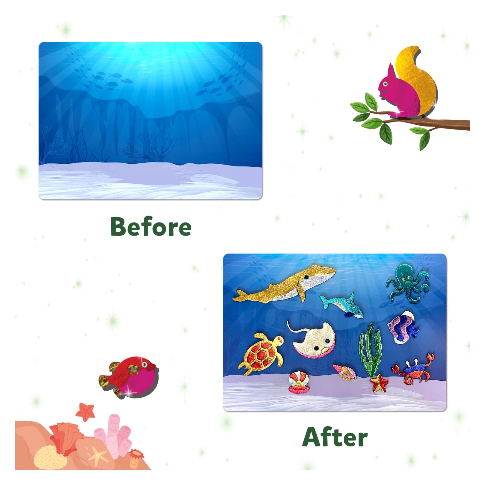 Ocean-themed before and after illustration from Foil Fun World of Animals MegaPack Art Kit