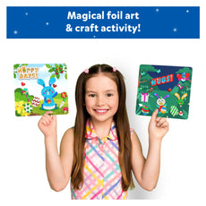Smiling girl holding Easter-themed foil art from Foil Fun Easter Edition art kit