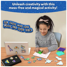Kids creating glittery sticker craft with Foil Fun Groovy Beats No Mess Magnetic Art Kit