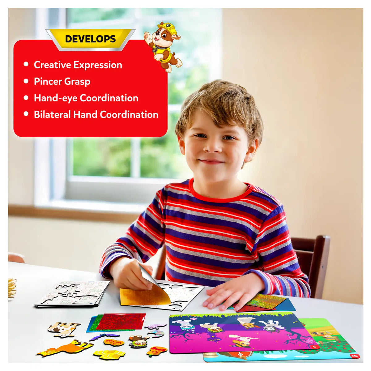 Young boy using Foil Fun PAW Patrol No Mess Art Kit to develop creativity and coordination