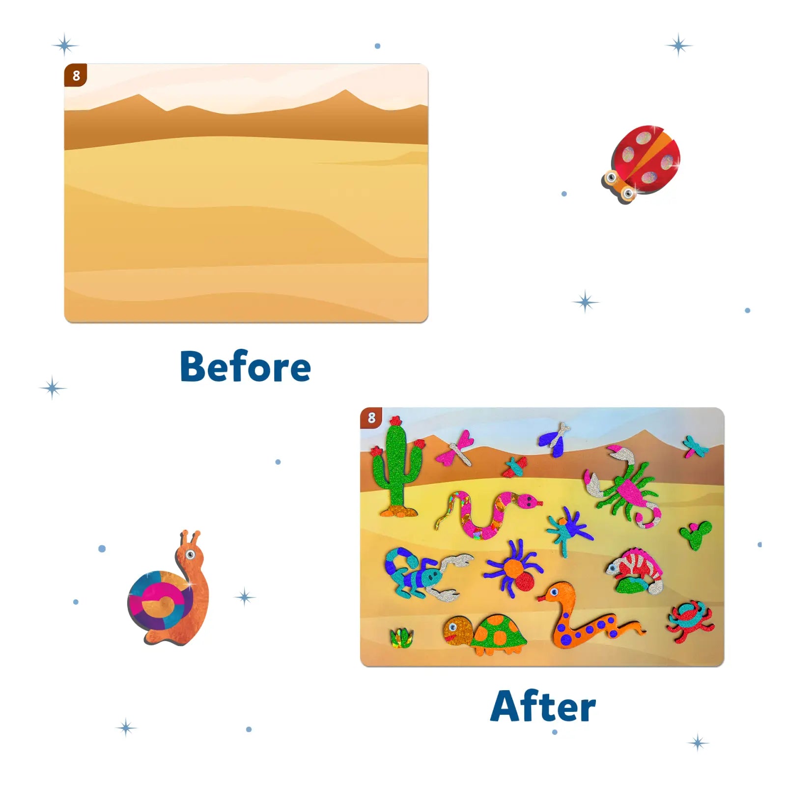 Desert scene puzzle before and after with bugs and butterflies from Foil Fun Art Kit