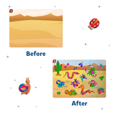 Desert scene puzzle before and after with bugs and butterflies from Foil Fun Art Kit