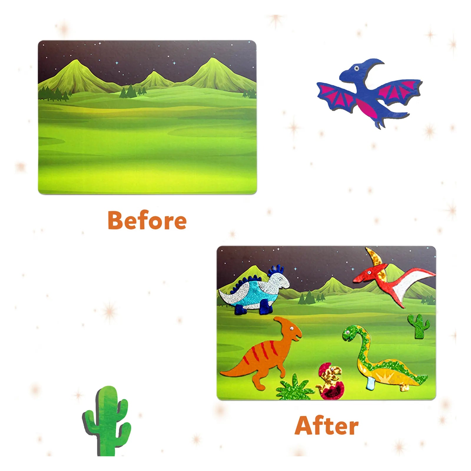 Dinosaur puzzle transformation from Foil Fun World Of Dinosaurs No Mess Art Kit for kids