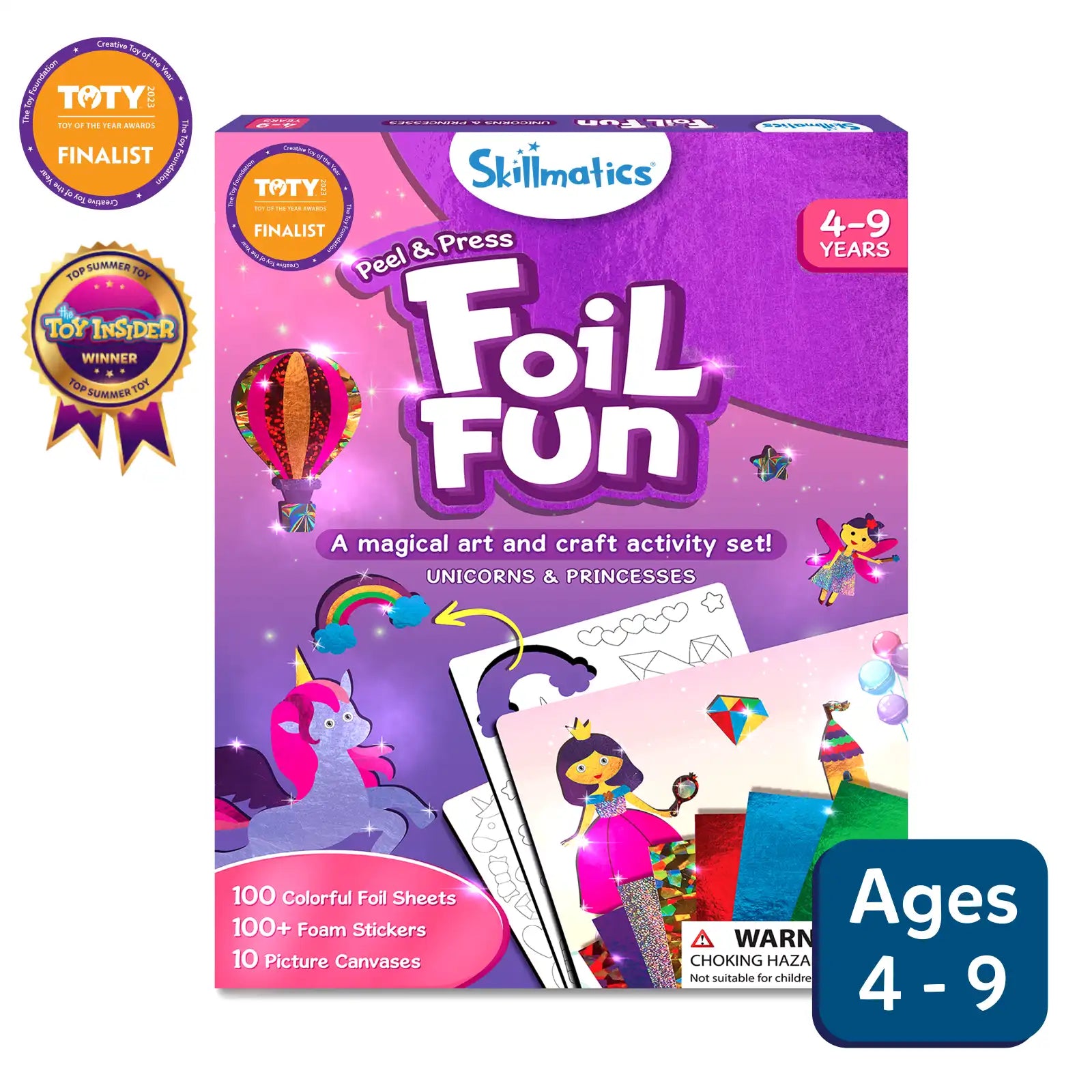 Packaging for 'Foil Fun' art kit by Skillmatics, featuring illustrations of unicorns and princesses, intended for ages 4-9. The box contains 100 colorful foil sheets, 100 foam stickers, and 10 picture cards.