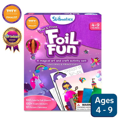 Packaging for 'Foil Fun' art kit by Skillmatics, featuring illustrations of unicorns and princesses, intended for ages 4-9. The box contains 100 colorful foil sheets, 100 foam stickers, and 10 picture cards.