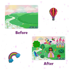 Before-and-after fairy tale scene with Unicorn and Princess from Foil Fun Art Kit