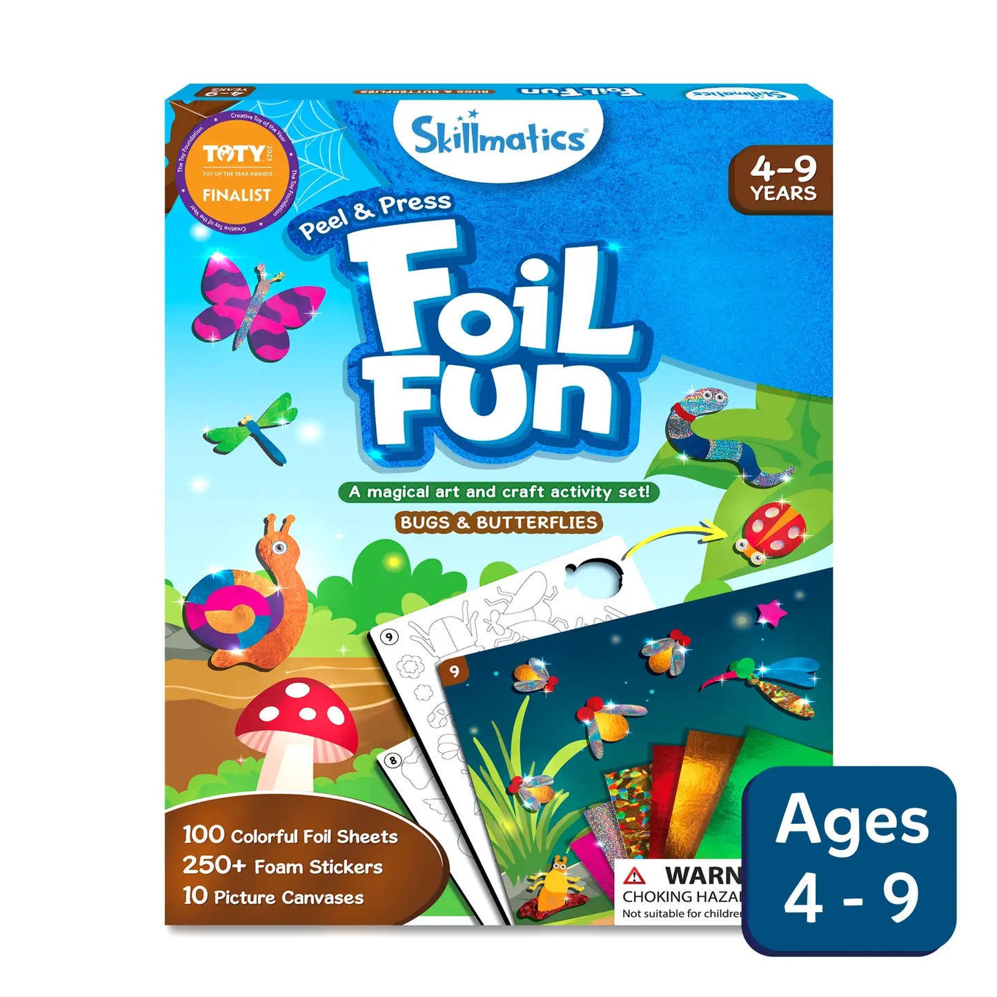 Packaging for 'Foil Fun: Bugs & Butterflies' art kit by Skillmatics, featuring illustrations of butterflies, a ladybug, and a grasshopper with a blue and green color scheme. The package indicates the activity is suitable for ages 4-9 and includes 100 colorful foil sheets, 250+ foam stickers, and 10 picture canvases.