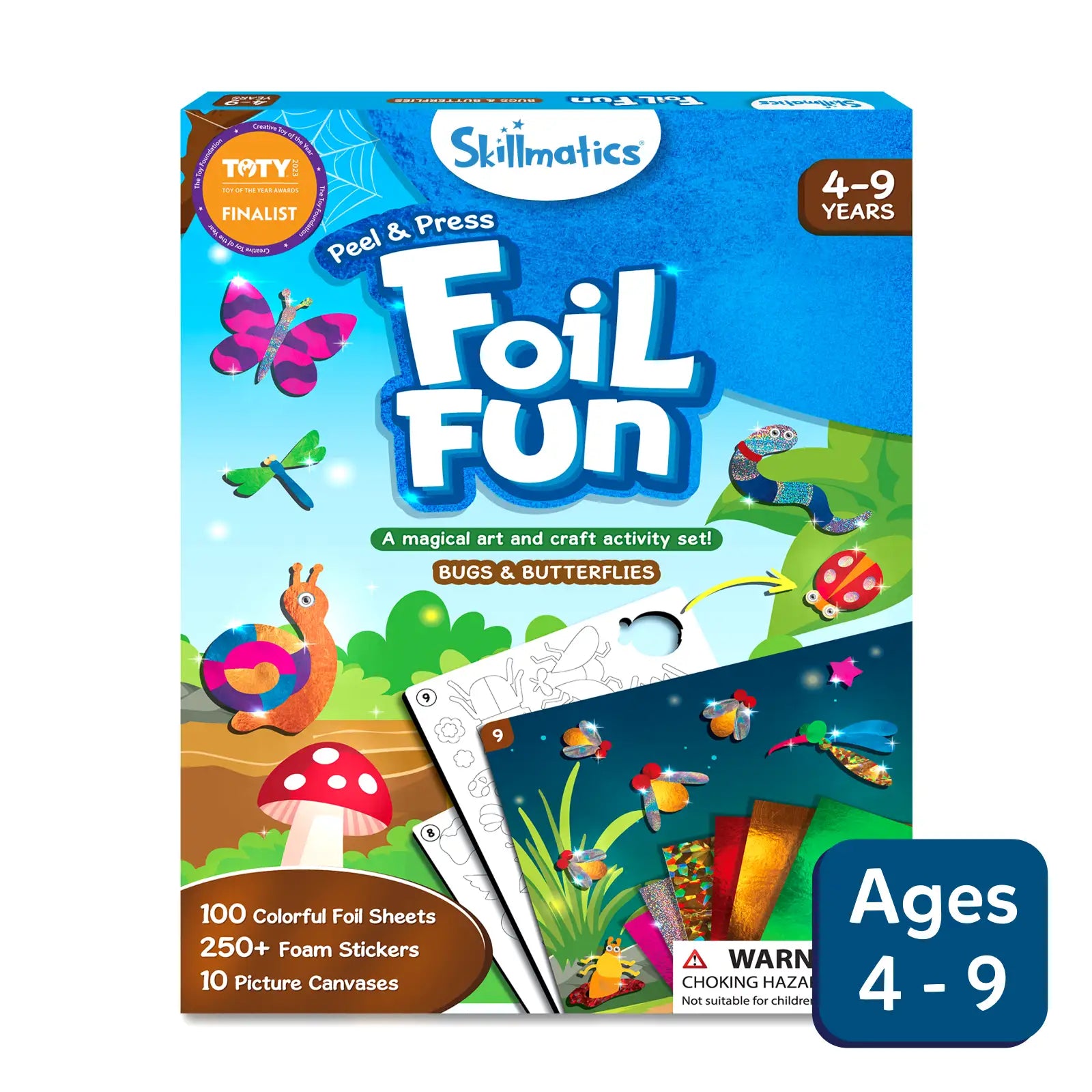 Packaging for 'Foil Fun: Bugs & Butterflies' art kit by Skillmatics, featuring illustrations of butterflies, a ladybug, and a grasshopper with a blue and green color scheme. The package indicates the activity is suitable for ages 4-9 and includes 100 colorful foil sheets, 250+ foam stickers, and 10 picture canvases.