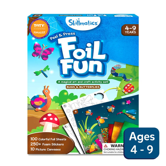 Packaging for 'Foil Fun: Bugs & Butterflies' art kit by Skillmatics, featuring illustrations of butterflies, a ladybug, and a grasshopper with a blue and green color scheme. The package indicates the activity is suitable for ages 4-9 and includes 100 colorful foil sheets, 250+ foam stickers, and 10 picture canvases.