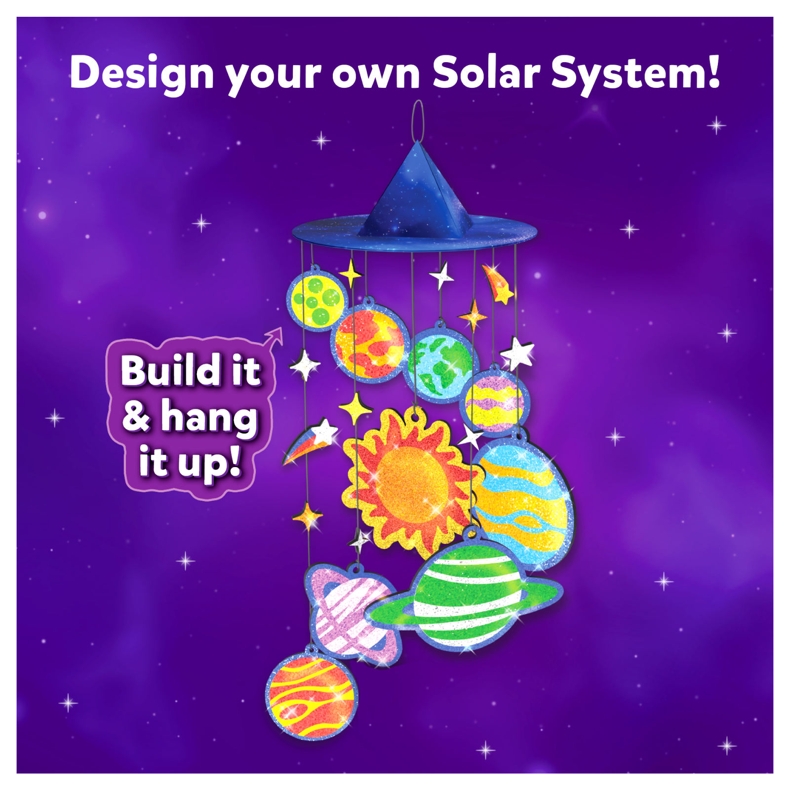 Colorful solar system mobile art kit for kids ages 4 to 12 displayed in packaging