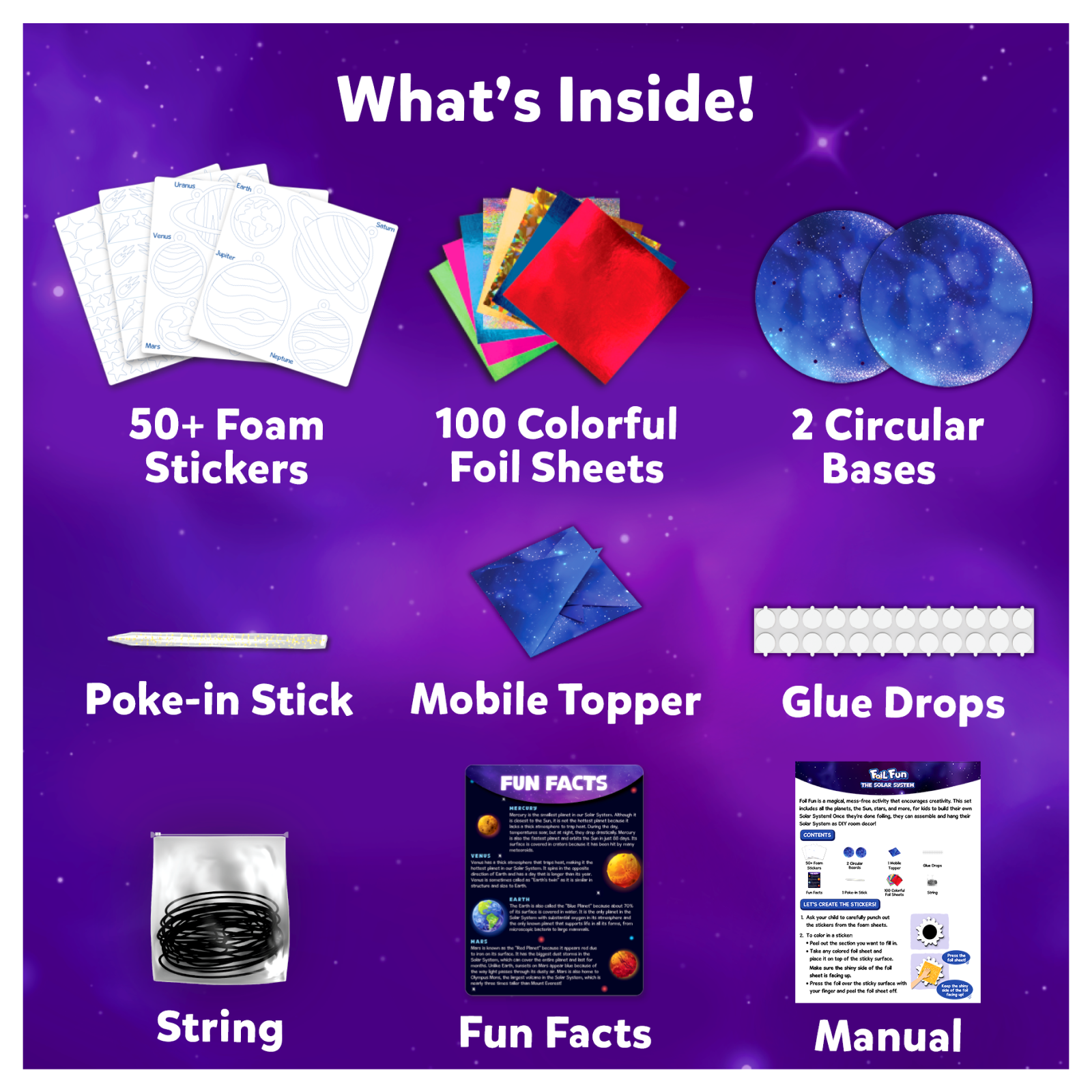 Craft kit contents for Foil Fun Solar System No Mess Art Kit for kids ages 4-12