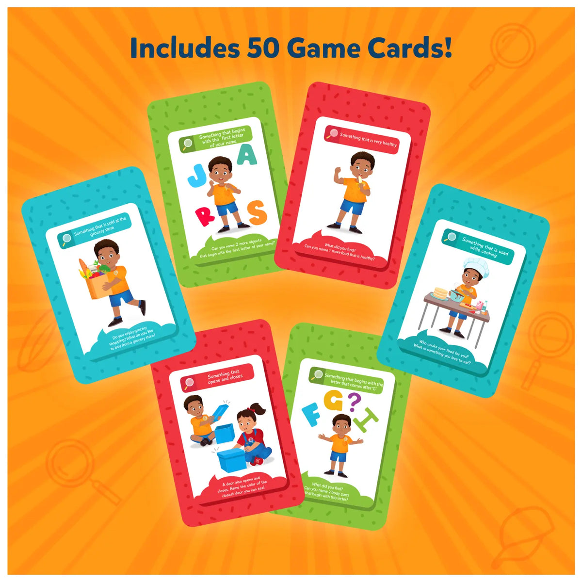 Colorful educational game cards from Found It Indoor Edition Smart Scavenger Hunt for kids