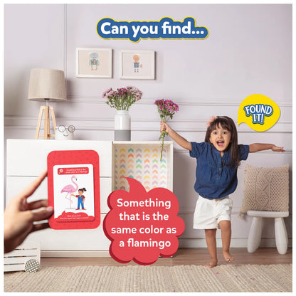 Child playing interactive found it indoor game with flamingo card from Smart Scavenger Hunt