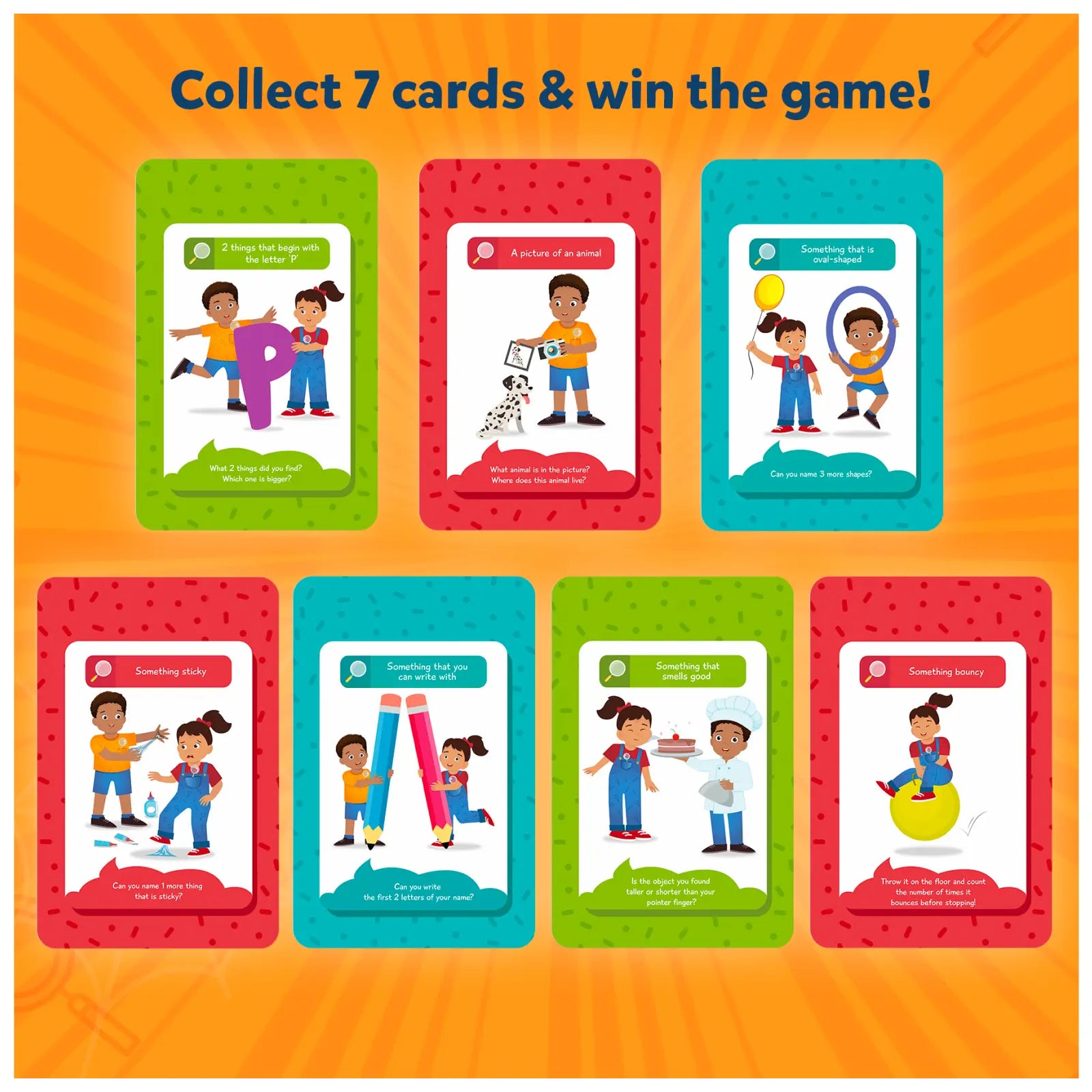 Colorful educational game cards for children from Found It Indoor Edition Smart Scavenger Hunt