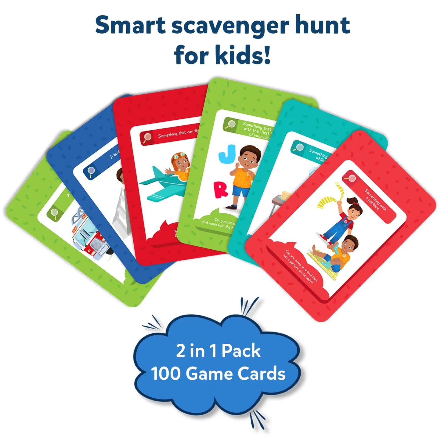 Colorful scavenger hunt game cards from Found It! Combo Indoor Travel for ages 4-7