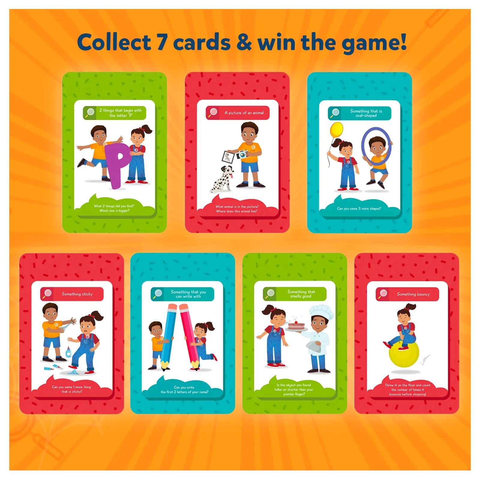 Illustrated game cards from Found It Indoor Edition smart scavenger hunt for kids ages 4-7