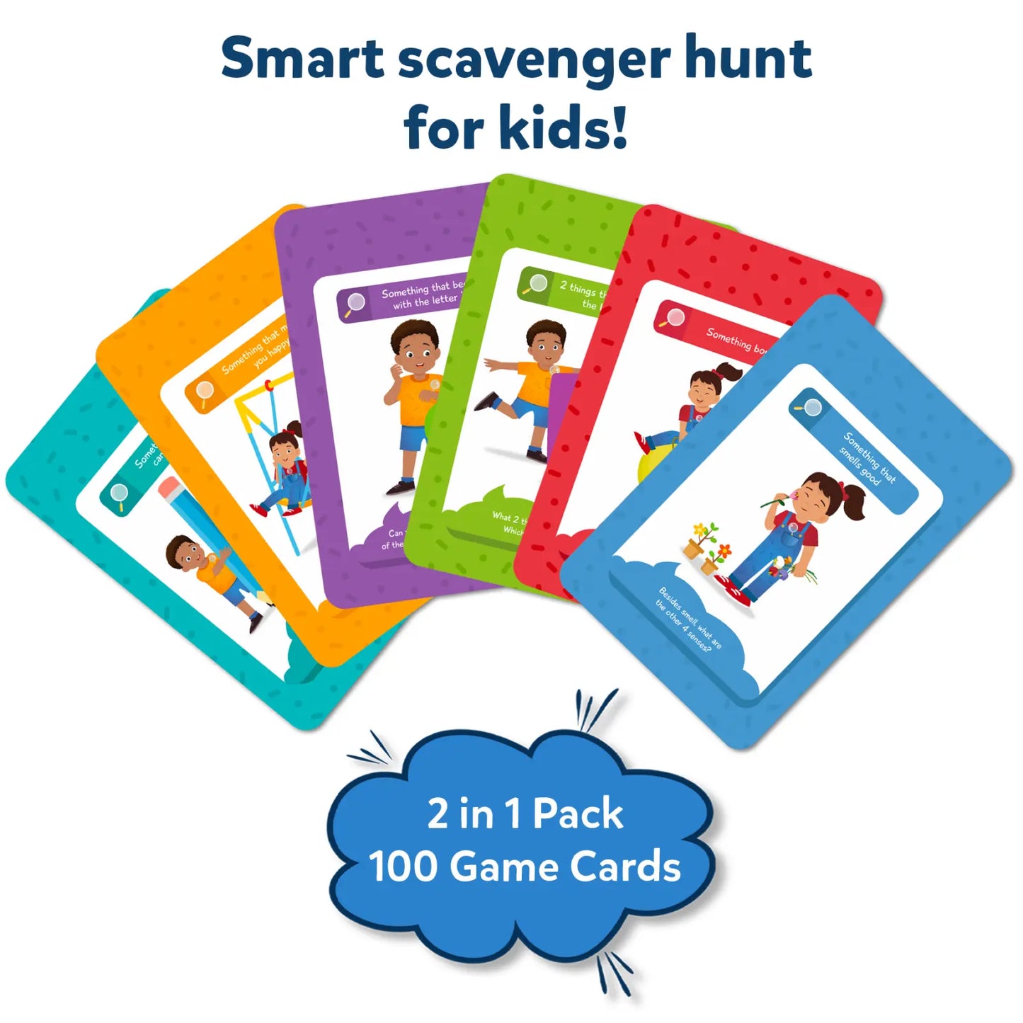 Colorful scavenger hunt game cards from Found It! Combo Indoor Outdoor for ages 4-7
