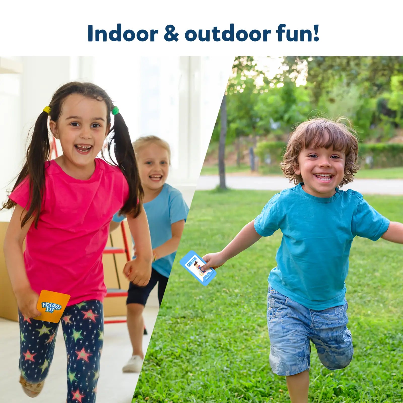 Children playing indoors and outdoors with Found It Combo for ages 4-7