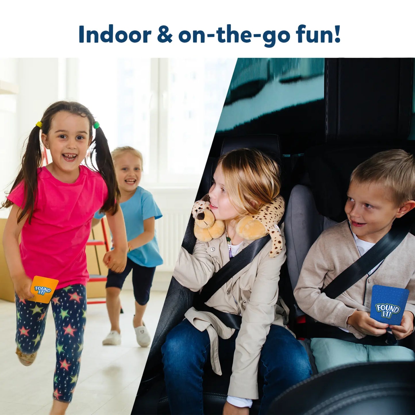 Children playing indoors and in a car for Found It! Combo indoor and travel game