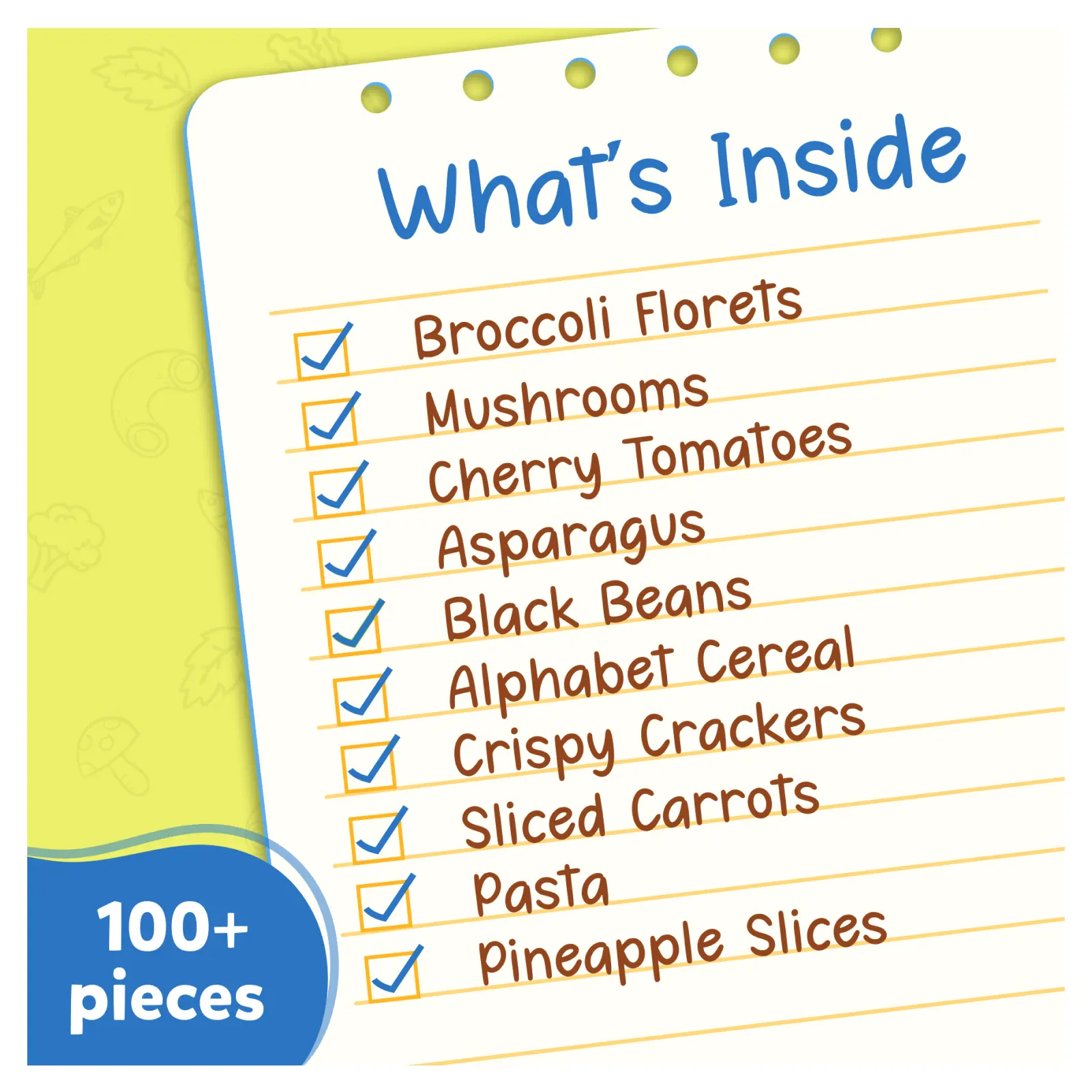Checklist of pretend food items from Grocery Set Pretend Play Food Set for ages 3-7