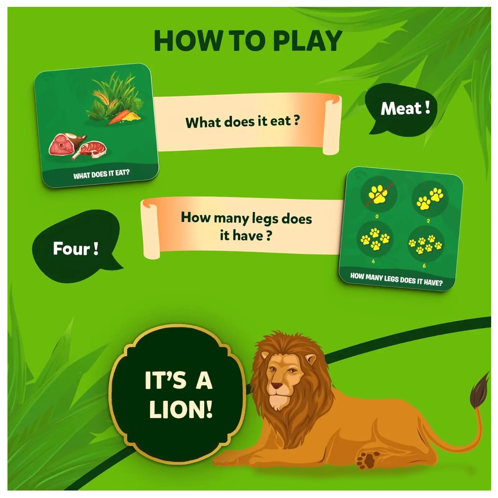 Lion-themed educational game in the Guess in 10 Junior Animal Kingdom trivia card game