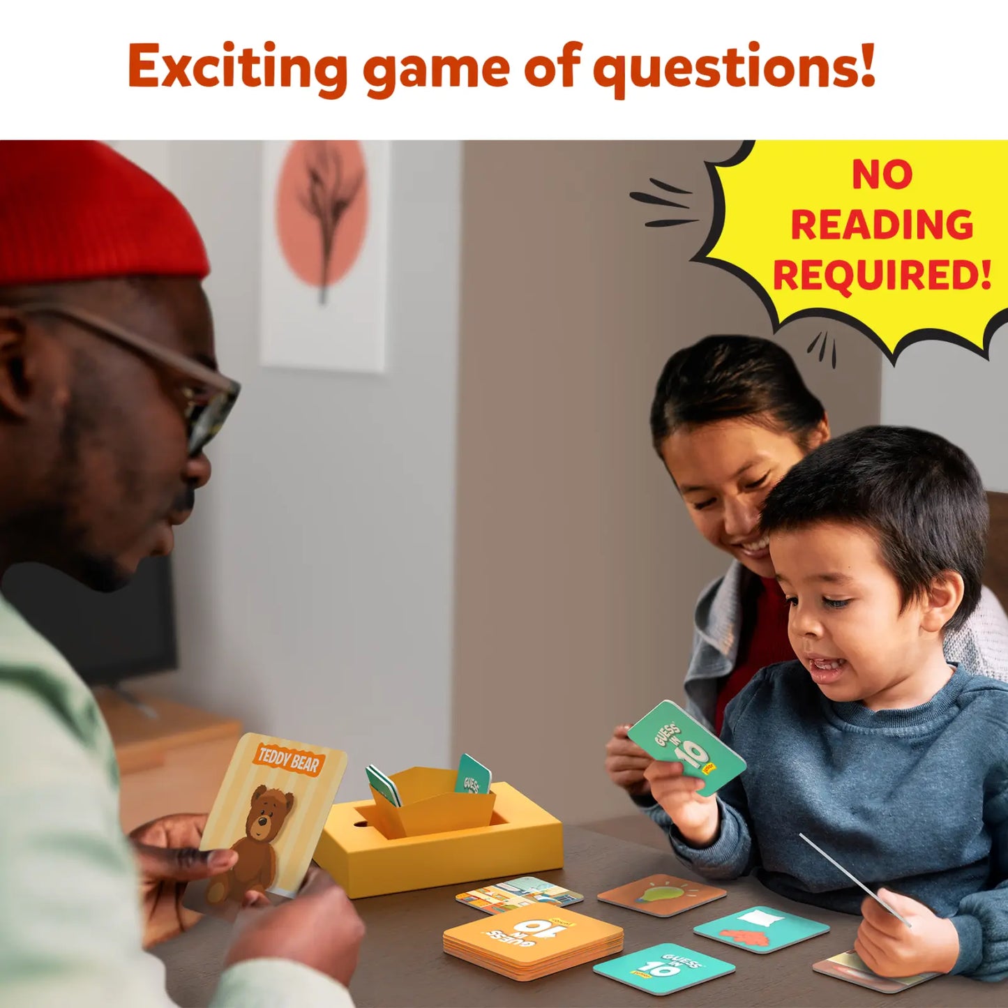 Family playing Guess in 10 Junior Inside My House trivia card game with children ages 3 to 6