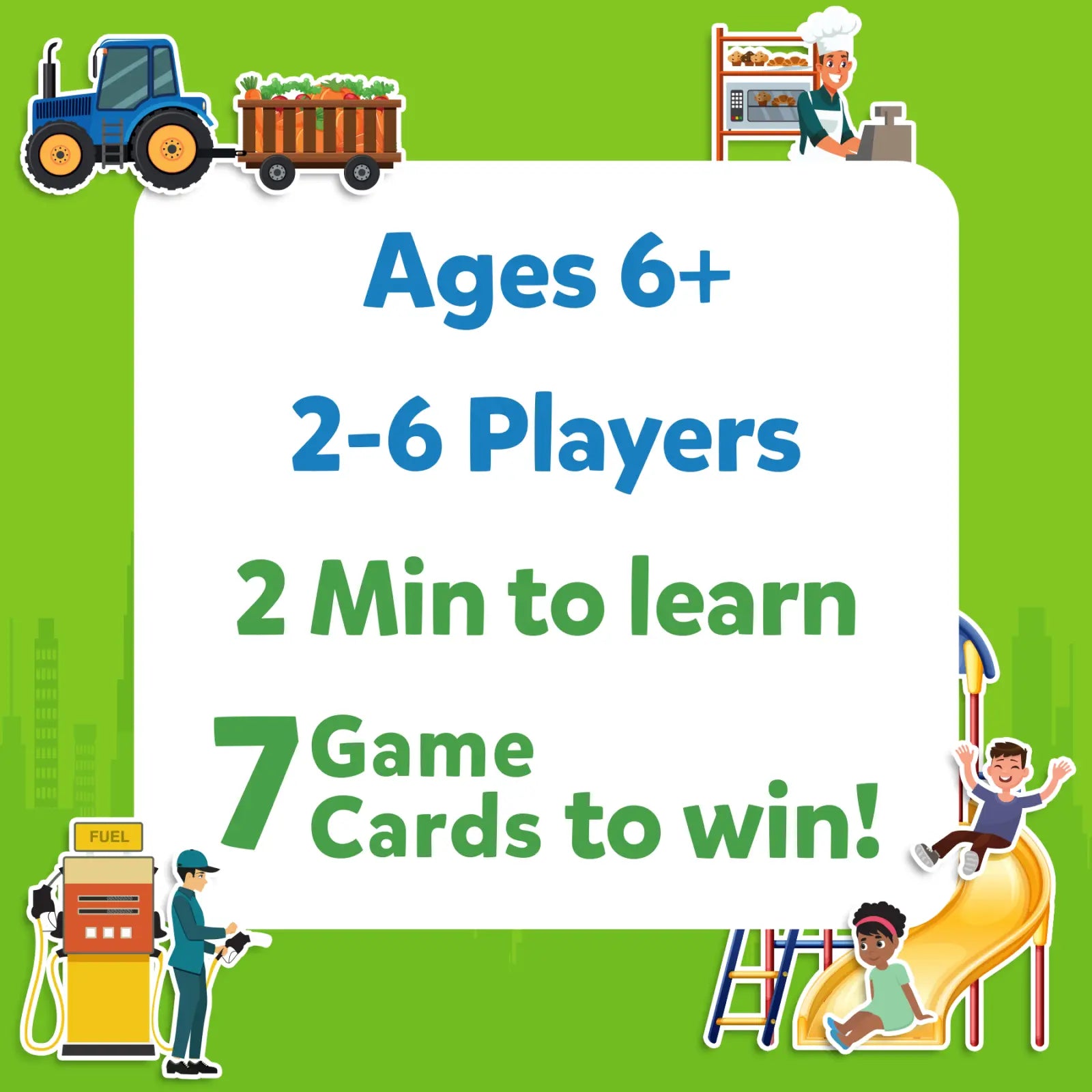 Game information card from Guess in 10 All Around The Town trivia card game for ages 6+