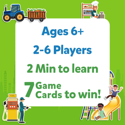 Game information card from Guess in 10 All Around The Town trivia card game for ages 6+