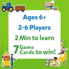Game information card from Guess in 10 All Around The Town trivia card game for ages 6+