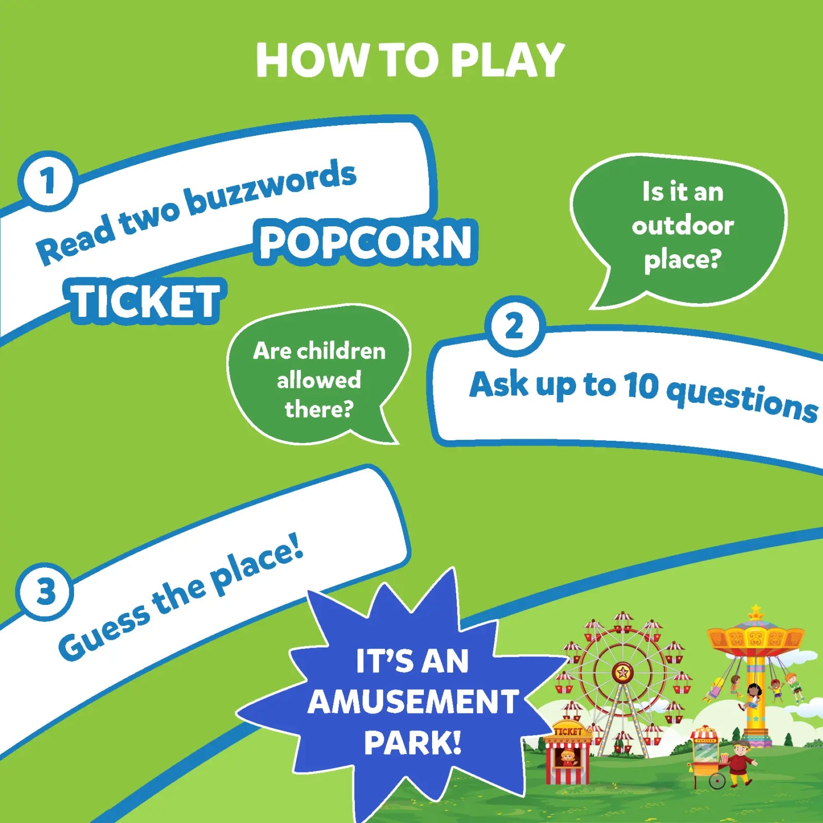 Amusement park guessing game instructions from Guess in 10 All Around The Town trivia card game