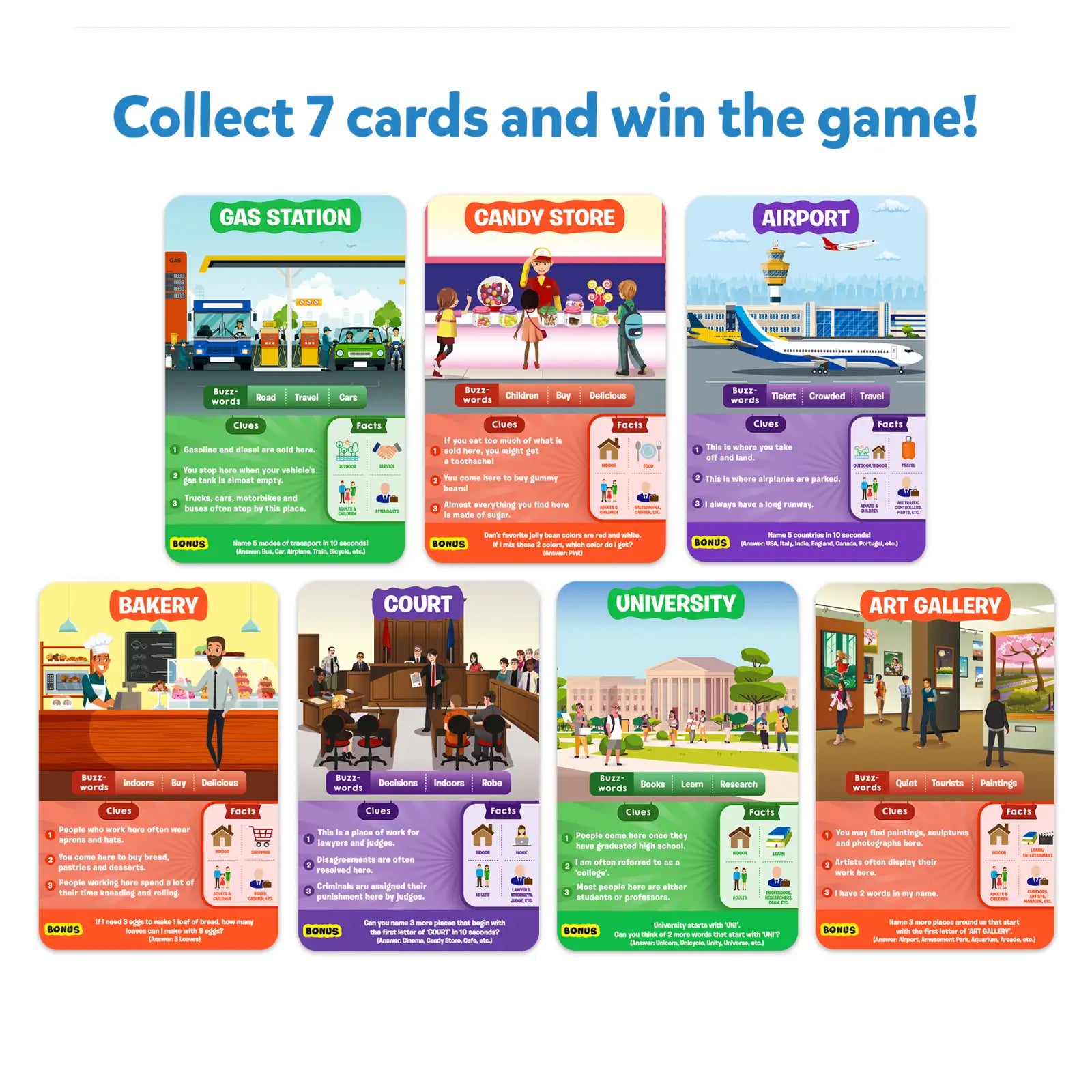 Educational cards collection from Guess in 10 All Around The Town trivia game for ages 6+