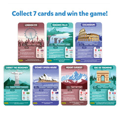 Illustrated landmark cards from Guess in 10 Legendary Landmarks trivia game for ages 8+