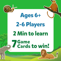 Game information graphic for Guess in 10 Animal Planet trivia card game for ages 6+